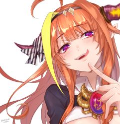 Rule 34 | 1girl, ahoge, blonde hair, blush, bow, braid, breasts, brooch, cleavage, cleavage cutout, clothing cutout, collared shirt, dakuryuu, dragon horns, finger to mouth, floating hair, hairband, head tilt, hololive, horn bow, horn ornament, horns, jewelry, kiryu coco, kiryu coco (1st costume), licking lips, long hair, looking at viewer, multicolored hair, open mouth, orange hair, pointy ears, purple eyes, shirt, side braid, sidelocks, simple background, solo, tongue, tongue out, twitter username, two-tone hair, upper body, virtual youtuber, white background, white shirt