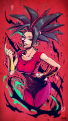 Rule 34 | 1girl, absurdres, black eyes, black hair, breasts, collarbone, cowboy shot, cropped legs, dragon ball, dragon ball super, earrings, grin, hand on own hip, highres, index finger raised, jewelry, kanchiyo, kefla (dragon ball), leaning forward, long hair, looking at viewer, medium breasts, pants, potara earrings, red background, red pants, red shirt, shirt, short sleeves, smile, solo, spiked hair, standing, very long hair
