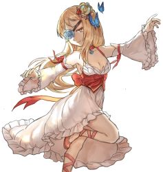 Rule 34 | 1girl, blonde hair, blue butterfly, blue flower, breasts, bug, butterfly, butterfly hair ornament, buubuu (loli69), chinese commentary, choker, cleavage, closed mouth, commentary request, corset, crown, detached sleeves, dress, flower, flower eyepatch, foot out of frame, frilled dress, frilled sleeves, frills, hair ornament, insect, leg ribbon, long hair, looking at viewer, medium breasts, official alternate costume, ragnarok online, red choker, red corset, red footwear, red ribbon, ribbon, shoes, simple background, sleeveless, sleeveless dress, smile, solo, wanderer (ragnarok online), white background, white dress, white sleeves, wide sleeves, yellow eyes