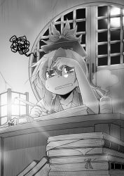 Rule 34 | 1girl, annoyed, book, book stack, desk, female focus, full moon, greyscale, hand on own face, hat, indoors, kamishirasawa keine, lamp, monochrome, moon, multicolored hair, night, open mouth, room, round window, sitting, solo, squiggle, steam, sweatdrop, tea, touhou, two-tone hair, viva!!, window, writing
