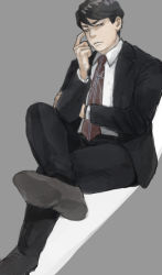 Rule 34 | 1boy, absurdres, arm across waist, black hair, blouse, collared shirt, formal, grey background, hand up, highres, knee up, looking at viewer, male focus, mtmr 0721, necktie, sangatsu no lion, shigeta morio, shirt, sitting, solo, suit, swept bangs, white shirt