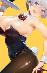 Rule 34 | 1girl, :d, animal ears, armpits, bare shoulders, black leotard, blue eyes, blush, bow, bowtie, breasts, brown pantyhose, cleavage, commentary request, copyright request, covered navel, cup, detached collar, drinking glass, fake animal ears, fake tail, high heels, highleg, highleg leotard, holding, holding tray, large breasts, leg up, leotard, looking at viewer, open mouth, pantyhose, playboy bunny, rabbit ears, rabbit tail, red bow, red bowtie, red footwear, round teeth, short hair, silver hair, smile, solo, standing, standing on one leg, strapless, strapless leotard, tail, teeth, tomohiro kai, tray, upper teeth only, uzaki-chan wa asobitai!, uzaki hana, v-shaped eyebrows, wrist cuffs