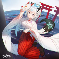 Rule 34 | 1girl, alternate costume, alternate hairstyle, animal ear fluff, animal ears, arpeggio kaga, artist name, boots, braid, breasts, brown footwear, closed mouth, commentary, floating, fox ears, fox mask, fox tail, full body, glowing, grey eyes, hair ribbon, hakama, hakama skirt, hand on mask, highres, hololive, japanese clothes, kimono, licking lips, logo, long hair, looking at viewer, mask, mask on head, medium breasts, miko, pleated skirt, ponytail, red hakama, ribbon, shirakami fubuki, side braid, signature, skirt, smile, solo, tail, tongue, tongue out, torii, virtual youtuber, water, white kimono, wide sleeves