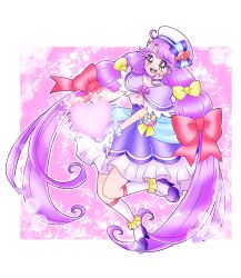 Rule 34 | 1girl, birthday, blue bow, bow, brown eyes, capelet, choker, commentary, cure coral, dress, earrings, facial mark, fingerless gloves, frilled dress, frills, gloves, hair bobbles, hair bow, hair ornament, happy birthday, hat, hat bow, heart, heart facial mark, hidesato (user xhje2235), high heels, highres, jewelry, large bow, light particles, long hair, looking at viewer, low-tied long hair, magical girl, medium dress, multi-tied hair, open mouth, pouch, precure, purple capelet, purple choker, purple dress, purple footwear, purple hair, red bow, sailor hat, shell brooch, shell hat ornament, smile, socks, solo, standing, standing on one leg, suzumura sango, tropical-rouge! precure, very long hair, white gloves, white socks, yellow bow