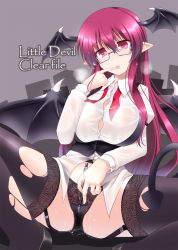 Rule 34 | 1girl, bad id, bad pixiv id, bat wings, black thighhighs, blush, breasts, demon tail, garter straps, gisyo, head wings, highres, huge breasts, koakuma, large breasts, long hair, pen, red eyes, red hair, smile, solo, spread legs, tail, thighhighs, torn clothes, torn thighhighs, touhou, wings
