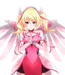 Rule 34 | 1girl, alternate wing color, arm ribbon, awareness ribbon, black skirt, blonde hair, blue eyes, blush, breasts, clenched hand, commentary request, cowboy shot, dress, elbow gloves, gloves, hair ribbon, halo, halterneck, looking at viewer, magical girl, mechanical halo, mechanical wings, medium breasts, medium hair, mercy (overwatch), miniskirt, miya (zawarudo), official alternate costume, overwatch, overwatch 1, own hands together, pelvic curtain, pink dress, pink gloves, pink mercy, pink ribbon, pink wings, pleated skirt, ribbon, short twintails, skirt, solo, strapless, strapless dress, twintails, wings