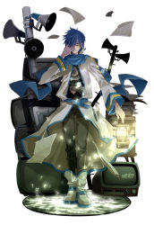 Rule 34 | 1boy, bad id, bad pixiv id, belt, blue eyes, blue hair, blue scarf, book, boots, fugaku noko, gears, hair over one eye, highres, kaito (vocaloid), lamp, male focus, matching hair/eyes, megaphone, musical note, scarf, solo, television, tomitake noko, vocaloid
