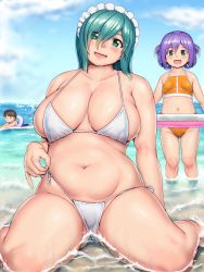 Rule 34 | 3girls, arm support, bikini, black hair, blunt bangs, breasts, character request, child, cloud, cloudy sky, collarbone, commentary request, copyright request, eyes visible through hair, green eyes, green hair, hair between eyes, head tilt, highres, innertube, large breasts, looking at viewer, maid headdress, medium hair, multiple girls, my maid (orizen), navel, one-piece swimsuit, open mouth, orange one-piece swimsuit, orizen, outdoors, purple hair, side-tie bikini bottom, sitting, sky, small breasts, smile, string bikini, swim ring, swimming, swimsuit, tareme, thick arms, thick thighs, thighs, wariza, water, wet