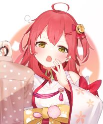 Rule 34 | 1girl, ahoge, bare shoulders, bell, blush, cherry blossom print, clothes hanger, floral print, green eyes, hair bell, hair ornament, hairclip, highres, holding clothes hanger, hololive, idemitsu, long hair, looking at viewer, one side up, open mouth, pink hair, sakura miko, sakura miko (1st costume), solo, tears, thought bubble, virtual youtuber, wide sleeves, yawning