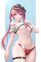 Rule 34 | 1girl, absurdres, bare shoulders, baseball cap, bikini, bikini bottom only, black hat, breasts, clothes lift, cowboy shot, crop top, earrings, eyewear on headwear, hat, heart, heart-shaped eyewear, heart-shaped pupils, heterochromia, highres, hololive, houshou marine, houshou marine (summer), jewelry, kie (wylee2212), lifting own clothes, long hair, looking at viewer, medium breasts, navel, no bra, no pants, o-ring, o-ring thigh strap, off-shoulder shirt, off shoulder, red bikini, red eyes, red hair, shirt, shirt lift, smile, solo, stomach, sunglasses, swimsuit, symbol-shaped pupils, thigh strap, twintails, underboob, virtual youtuber, white shirt, yellow eyes