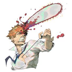 Rule 34 | 1boy, anger vein, black necktie, blonde hair, blood, blood spray, chainsaw, chainsaw man, clenched teeth, collared shirt, denji (chainsaw man), hieumay, highres, looking to the side, male focus, necktie, parted lips, pull cord, shirt, short hair, simple background, sleeves rolled up, solo, teeth, white background, white shirt