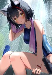 Rule 34 | 1girl, alternate costume, animal ear fluff, animal ears, arm support, bare arms, bare shoulders, black hair, blue one-piece swimsuit, blush, bracelet, breasts, commentary request, competition swimsuit, drying, drying hair, highleg, highleg swimsuit, highres, hololive, jewelry, light rays, looking at viewer, medium breasts, multicolored hair, official alternate hair length, official alternate hairstyle, one-piece swimsuit, ookami mio, outdoors, poolside, red hair, short hair, sitting, solo, streaked hair, sunbeam, sunlight, swimsuit, tail, tail around own leg, tail wrap, towel, towel around neck, virtual youtuber, wet, wet hair, wolf ears, wolf girl, wolf tail, yaki no yaki, yellow eyes