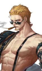 Rule 34 | 1boy, abs, arm belt, bad id, bad twitter id, bara, bare pectorals, blonde hair, buckle, cigar, concept art, cropped, dontstopgoldg, eyelashes, facial hair, goatee, hair slicked back, highres, large pectorals, long sideburns, looking at viewer, male focus, mature male, muscular, muscular male, navel, nipples, no nipples, orange eyes, original, pectorals, sideburns, smoking, solo, stomach, sunglasses, suspenders, thick eyebrows, upper body, v-shaped eyebrows