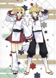 Rule 34 | 1boy, 1girl, :d, blonde hair, blue eyes, brother and sister, highres, holding, indigo (module), japanese clothes, kagamine len, kagamine rin, kariginu, one eye closed, open mouth, pants, project diva, project diva (series), project diva extend, raspberry (module), sandals, siblings, skirt, smile, standing, tamura hiro, twins, vocaloid, wink