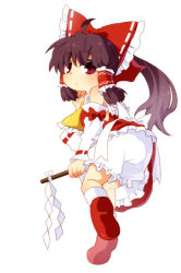 Rule 34 | 1girl, bloomers, bow, brown eyes, brown hair, clothes lift, female focus, full body, hair bow, hakurei reimu, japanese clothes, kiri futoshi, miko, ponytail, red skirt, ribbon, simple background, skirt, skirt lift, skirt set, solo, touhou, undefined fantastic object, underwear, white background