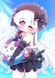 Rule 34 | 1girl, ;), absurdres, ball, beachball, bikini, bikini top only, black bikini, black bow, black gloves, black skirt, blue sky, blush, bow, breasts, brown hat, closed mouth, cloud, collarbone, commentary request, day, doll joints, elbow gloves, fate/extra, fate/grand order, fate (series), fou (fate), gloves, hair bow, hat, highres, holding, holding ball, joints, long hair, nursery rhyme (fate), ocean, one eye closed, outdoors, pink eyes, pleated skirt, skirt, sky, small breasts, smile, solo, straw hat, striped bikini, striped bow, striped clothes, swimsuit, vertical-striped bikini, vertical-striped bikini top, vertical-striped clothes, very long hair, water, white hair, yuya090602