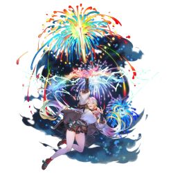 Rule 34 | 1girl, arrow (projectile), black skirt, bow (weapon), breasts, brown footwear, cupitan (granblue fantasy), fireworks, floating, gradient hair, granblue fantasy, green eyes, hair between eyes, holding, holding bow (weapon), holding weapon, jacket, large breasts, loafers, minaba hideo, multicolored hair, official art, open clothes, open jacket, open mouth, pouch, rainbow hair, red socks, shirt, shoes, skirt, socks, solo, teeth, transparent background, twintails, upper teeth only, weapon, white shirt