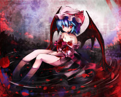 Rule 34 | 1girl, bare legs, bare shoulders, barefoot, bat wings, blood, blood on clothes, blood on face, blue hair, female focus, hat, looking at viewer, mob cap, off shoulder, red eyes, remilia scarlet, ribbon, sho (runatic moon), sitting, smile, solo, submerged, touhou, water, wings