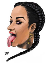 Rule 34 | 1girl, black eyes, black hair, blackarterystudios, braid, cardi b, earrings, eyebrowx, highres, jewelry, long tongue, looking at viewer, portrait, real life, signature, simple background, solo, teeth, tongue, tongue out, white background