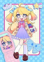 Rule 34 | 1girl, absurdres, ahoge, arm at side, bag, bandaid, bandaid on knee, bandaid on leg, blonde hair, blue border, blue bow, blue eyes, border, bow, bowtie, brown footwear, cardigan, cellphone, cellphone photo, commentary request, flip phone, full body, gradient hair, grid background, hair bow, hand up, heart, heart in eye, highres, hoshizaki tia, indie virtual youtuber, kneehighs, loafers, long hair, looking at viewer, multicolored eyes, multicolored hair, multiple hair bows, open cardigan, open clothes, outside border, phone, pink bow, pink bowtie, pink hair, pixelated, pleated skirt, polka dot border, purple eyes, purple sailor collar, purple skirt, round teeth, sailor collar, school bag, school uniform, shirt, shirt tucked in, shoes, shooting star (symbol), shoulder bag, skirt, smile, socks, solo, star-shaped pupils, star (symbol), sumikawa (sumikawa8v), symbol-shaped pupils, symbol in eye, teeth, two side up, upper teeth only, v, virtual youtuber, white shirt, white socks, yellow background, yellow cardigan, yellow pupils, zoom layer
