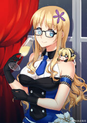 2girls alcohol bare_shoulders bingdian_lihua black_gloves blonde_hair blue_eyes blue_necktie blush_stickers breasts chibi cup curtains drinking_glass flower glasses gloves hair_flower hair_ornament highres holding holding_cup hood_(warship_girls_r) large_breasts long_hair looking_at_viewer mini_person minigirl multiple_girls necktie official_alternate_costume prince_of_wales_(warship_girls_r) sleeveless smile warship_girls_r weibo_logo weibo_watermark window wine wine_glass