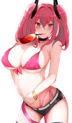 Rule 34 | 1girl, azur lane, bare shoulders, belt, bikini, black shorts, blush, bracelet, breasts, bremerton (azur lane), cleavage, closed mouth, collarbone, goggles, unworn goggles, highres, itete, jewelry, large breasts, long hair, looking at viewer, mole, mole on breast, multicolored hair, navel, navel piercing, piercing, pink bikini, pink eyes, pink hair, short shorts, shorts, sidelocks, smile, solo, streaked hair, swimsuit, thighs, tongue, tongue out, twintails