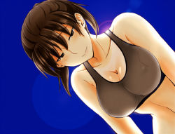 Rule 34 | 1girl, amagami, bare shoulders, black eyes, black hair, blush, breasts, cleavage, collarbone, commentary request, crop top, covered erect nipples, large breasts, navel, ponytail, sasaki akira (ugc), short hair, smile, solo, sports bra, tsukahara hibiki