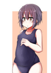 Rule 34 | 1girl, :o, breasts, brown background, brown eyes, collarbone, commentary request, hair between eyes, hand on own stomach, highres, looking at viewer, nagato yuki, one-piece swimsuit, open mouth, purple hair, school swimsuit, short hair, simple background, sleeveless, small breasts, solo, suzumiya haruhi no yuuutsu, swimsuit, t (dyuhuhudyukusi), two-tone background, white background