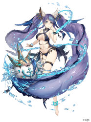 Rule 34 | 1girl, absurdres, anchor symbol, anklet, aqua eyes, barefoot, bracelet, chain, cuffs, fins, fish, flail, frown, full body, gold trim, hand on own cheek, hand on own face, highres, hydrokinesis, jewelry, ji no, long hair, navel, ningyo hime (sinoalice), official art, puffer fish, purple hair, revealing clothes, shackles, sinoalice, solo, thigh strap, very long hair, water, water drop, weapon, white background