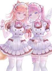 Rule 34 | 2girls, absurdres, angel wings, animal ears, apron, blunt bangs, blush, bow, braid, bridal garter, buttons, choker, cowboy shot, dress, food-themed hair ornament, fox ears, fox girl, fox tail, frills, hair ornament, hairclip, hat, highres, holding hands, leg ribbon, long hair, looking at another, low twintails, maid, maid apron, maid headdress, multiple girls, open mouth, orange hair, original, pink bow, pink eyes, pink hair, pocket, powa (36iii), purple eyes, red bow, red ribbon, ribbon, short sleeves, strawberry hair ornament, swept bangs, tail, thigh ribbon, thigh strap, twintails, waist apron, waitress, white background, white legwear, white theme, wings, wrist cuffs, yuri