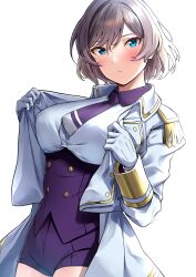 Rule 34 | 1girl, absurdres, blue eyes, blush, breasts, brown hair, closed mouth, commentary request, corset, dutch angle, epaulettes, gloves, gridman universe, highres, jacket, large breasts, light frown, long sleeves, looking at viewer, military jacket, mujina, necktie, open clothes, open jacket, purple corset, purple necktie, purple shorts, short hair, shorts, solo, ssss.dynazenon, totoki86, white background, white gloves, white jacket