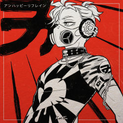 Rule 34 | 1boy, bad boy (module), bags under eyes, chain, chain around arm, collar, expressionless, gas mask, greyscale, greyscale with colored background, half-closed eyes, headphones, heart, heart print, kagamine len, mask, mochidayo (kaiju), monochrome, project diva (series), red background, serious, shirt, short ponytail, solo, song name, tight clothes, tight shirt, unhappy refrain (vocaloid), vocaloid