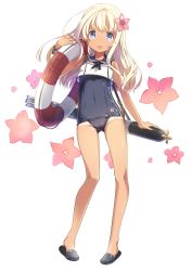 Rule 34 | 10s, 1girl, blonde hair, blue eyes, blush, crop top, flower, full body, h2so4, hair flower, hair ornament, kantai collection, lifebuoy, long hair, looking at viewer, one-piece swimsuit, open mouth, ro-500 (kancolle), sailor collar, school swimsuit, school uniform, serafuku, simple background, slippers, solo, standing, swim ring, swimsuit, swimsuit under clothes, tan, tanline, torpedo, white background