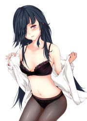 Rule 34 | 1girl, bare shoulders, black bra, black panties, blush, bra, breasts, brown eyes, brown pantyhose, collarbone, commentary request, dress shirt, hair over one eye, hayashimo (kancolle), head tilt, kantai collection, long hair, long sleeves, looking at viewer, navel, off shoulder, panties, panties under pantyhose, pantyhose, parted lips, rizzl, shirt, simple background, sitting, small breasts, solo, underwear, very long hair, white background, white shirt