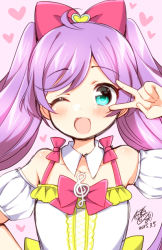 Rule 34 | 1girl, ;d, aqua eyes, bare shoulders, blush, bow, dated, hair bow, heart, long hair, looking at viewer, manaka laala, musical note, one eye closed, open mouth, pretty series, pripara, purple hair, smile, solo, treble clef, tsukudani norio, twintails, v