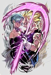 Rule 34 | 1boy, 1girl, blonde hair, blue eyes, blue hair, breasts, bulma, cleavage, couple, dragonball z, earrings, face-to-face, gloves, grin, highres, holding hands, jewelry, lips, looking at another, majin vegeta, medium breasts, pantyhose, smile, vegeta, weapon