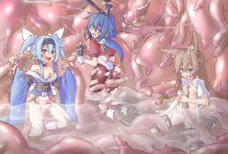 Rule 34 | blue hair, blush, breasts, brown hair, cum, cum on body, cum on breasts, cum on upper body, digestion, dissolving clothes, facial, green eyes, inside creature, nipples, no bra, open clothes, open shirt, red eyes, shirt, slime, small breasts, tanabe, tentacles, tentacle pit, vore