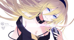 Rule 34 | 1girl, bare shoulders, belt collar, black collar, black dress, black hairband, blonde hair, blue eyes, collar, collarbone, dress, dutch angle, fingernails, floating hair, glint, hairband, hand up, holding, holding microphone, lily (vocaloid), long hair, microphone, off-shoulder dress, off shoulder, parted lips, simple background, solo, upper body, vocaloid, white background, yuuki kira