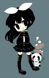 Rule 34 | 1girl, animal, argyle, argyle clothes, argyle legwear, black eyes, black hair, black thighhighs, blue background, bow, dumpling, food, full body, grin, hair bow, hands in opposite sleeves, haru (kyou), loafers, long hair, looking at viewer, original, panda, ponytail, school uniform, shoes, simple background, skirt, smile, solo, thighhighs, zettai ryouiki