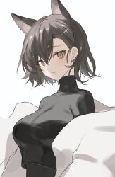 Rule 34 | 1girl, 2naom8q6gt87292, :/, animal ears, arknights, black shirt, blush, breasts, brown hair, closed mouth, commentary, dot nose, extra ears, hair between eyes, highres, large breasts, looking at viewer, medium hair, mole above eye, mole on forehead, penance (arknights), shirt, simple background, solo, turtleneck, upper body, white background, wolf ears, wolf girl, yellow eyes