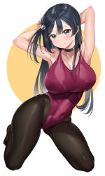 Rule 34 | 1girl, arms up, black hair, black pantyhose, breasts, cleavage, closed mouth, collarbone, covered navel, grey eyes, highres, large breasts, leotard, long hair, looking at viewer, love live!, love live! nijigasaki high school idol club, pantyhose, purple leotard, simple background, smile, solo, tem10, white background, yuki setsuna (love live!)