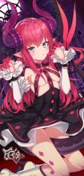 Rule 34 | 1girl, absurdres, arms up, between legs, black dress, blue eyes, boots, breasts, curled horns, dragon girl, dragon horns, dragon tail, dress, elizabeth bathory (fate), elizabeth bathory (fate/extra ccc), elizabeth bathory (first ascension) (fate), fate/grand order, fate (series), finger to mouth, hand to own mouth, highres, horns, kinos (kw00789), knee boots, kneeling, long hair, panties, panty peek, pointy ears, red hair, red panties, short dress, small breasts, solo, tail, tail between legs, underwear, white footwear, wind, wind lift