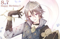 Rule 34 | 1boy, artist name, atoatto, dated, earrings, fire emblem, fire emblem fates, gloves, grey eyes, grey hair, happy birthday, jewelry, laslow (fire emblem), male focus, nintendo, portrait, simple background, solo, white background
