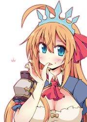 Rule 34 | 1girl, absurdres, ahoge, blonde hair, blue eyes, breasts, cleavage, dress, hair between eyes, highres, long hair, medium breasts, pecorine (princess connect!), princess connect!, short sleeves, simple background, solo, tiara, tongue, tongue out, white background, yuuhi alpha
