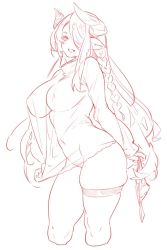 Rule 34 | 1girl, braid, breasts, cropped legs, curvy, draph, dress, granblue fantasy, hair over one eye, holding, holding clothes, holding panties, holding underwear, horns, large breasts, long hair, monochrome, narmaya (granblue fantasy), no bra, no panties, panties, pointy ears, see-through, short dress, single thighhigh, sketch, skindentation, smile, solo, thighhighs, underwear, very long hair, xiaoshou xiansheng