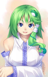 Rule 34 | 1girl, :d, absurdres, bare shoulders, blue eyes, detached sleeves, female focus, frog hair ornament, green hair, h kasei, hair ornament, hair tubes, highres, kochiya sanae, long hair, looking at viewer, open mouth, pinky out, smile, snake, solo, touhou, upper body