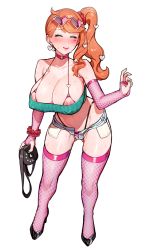 Rule 34 | 1girl, 5t (5t 000), absurdres, areola slip, bag, blush, bra strap, bracelet, breasts, bridal gauntlets, choker, cleft of venus, clitoris, closed eyes, collarbone, creatures (company), cutoffs, earrings, elbow gloves, eyeshadow, fishnet gloves, fishnet thighhighs, fishnets, full body, game freak, gloves, green nails, hair ornament, hand up, handbag, high heels, highres, holding, jewelry, large breasts, leaning forward, long hair, makeup, mole, mole on breast, nail polish, navel, nintendo, orange eyes, pink lips, pokemon, pokemon swsh, pussy, pussy peek, scrunchie, short shorts, shorts, side ponytail, smile, solo, sonia (pokemon), standing, strapless, sunglasses on head, sweat, thighhighs, thong, tube top, unbuttoned, wrist scrunchie