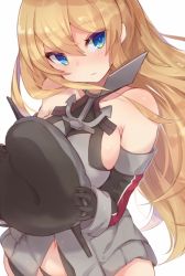 Rule 34 | 1girl, bad id, bad pixiv id, bare shoulders, bismarck (kancolle), black gloves, blonde hair, blue eyes, blush, breasts, detached sleeves, gloves, hair between eyes, hat, unworn hat, unworn headwear, holding, holding clothes, holding hat, kantai collection, large breasts, long hair, pokoten (pokoten718), simple background, solo, white background