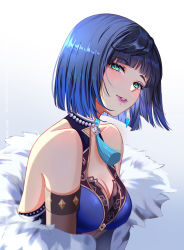 Rule 34 | 1girl, backless dress, backless outfit, bare shoulders, blue hair, blush, bob cut, breasts, brooch, cleavage, dress, from side, fur trim, genshin impact, green eyes, highres, jewelry, leaning forward, lips, looking at viewer, medium breasts, medium hair, mihan77108047, simple background, smile, solo, upper body, v arms, white background, yelan (genshin impact)