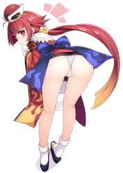 Rule 34 | 1girl, absurdres, ass, benienma (fate), bright pupils, closed mouth, commentary request, fate/grand order, fate (series), finger to mouth, from behind, hat, highres, japanese clothes, kandori, kimono, leaning forward, long sleeves, obi, panties, ponytail, red eyes, red hair, sandals, sash, short kimono, smile, solo, tabi, underwear, white panties, white pupils, wide sleeves, zouri